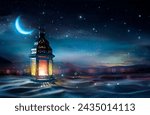 Ramadan Kareem - Arabic Lantern At Night In desert With Crescent Moon And Magic Glittering - Eid Ul Fitr