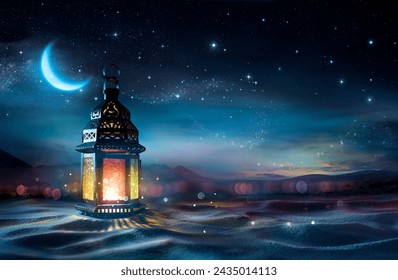 Ramadan Kareem - Arabic Lantern At Night In desert With Crescent Moon And Magic Glittering - Eid Ul Fitr - Powered by Shutterstock