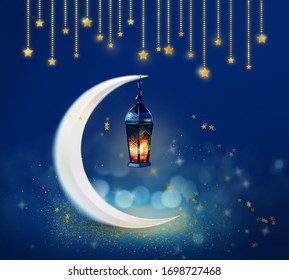 Ramadan Kareem Background. Blue Greeting Card For Muslim Holidays And Ramadan With Moon, Gold Stars And Lantern.