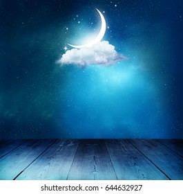 Ramadan Kareem Background With Table.Crescent Moon And Cloud