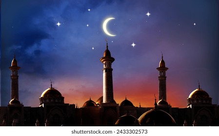 Ramadan Kareem background.Crescent moon at a top of a mosque.Islamic greeting  Eid Mubarak cards for Muslim Holidays.Eid-Ul-Adha festival celebration - Powered by Shutterstock