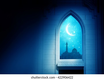 Ramadan Kareem Background.Mosque Window With Shiny Crescent Moon