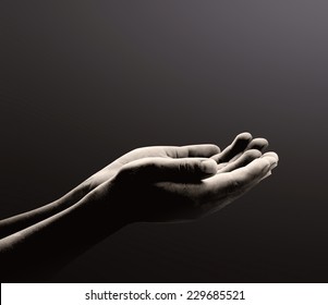 Ramadan Kareem Concept: Black And White Prayer Hands Open Two Empty Hands With Palms Up To Pray God