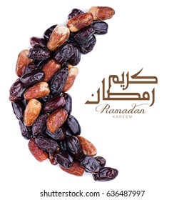 Ramadan Kareem With Dates Arranged In Shape Of Crescent Moon.