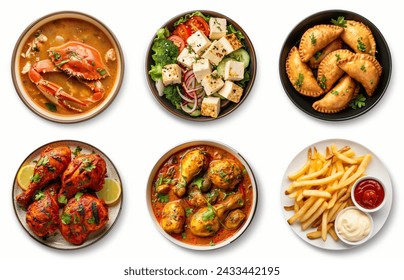 Ramadan Kareem Desi food top view set. Crab soup bowl, tofu salad, samosas, grilled chicken, chicken curry, fries with sauce. Collection, Set of various plates of food isolated on a white background.