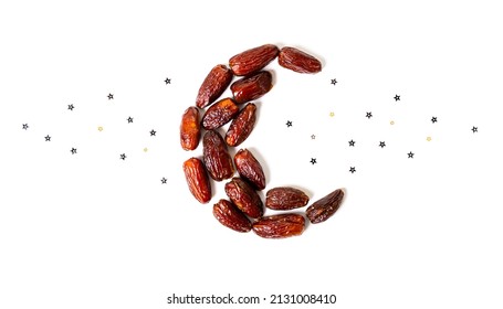 Ramadan Kareem With Dried Dates Fruits Arranged In Shape Of Crescent Moon. Islamic Crescent.