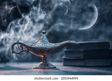 Ramadan Kareem festive greeting card for Muslim holy month with Aladdin lamp of wishes and Quran - Shutterstock ID 2055944999