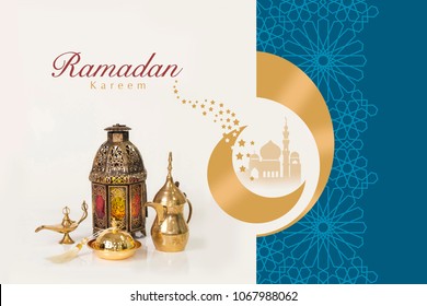 Ramadan Kareem Greeting Card with unique lantern.  Translation : "Ramadan Kareem is Happy & Holy Ramadan. Month of fasting for Muslims.  - Powered by Shutterstock