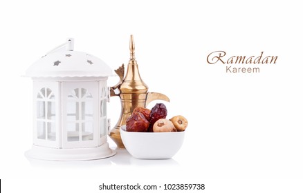 Ramadan Kareem With Lantern , Arabic Coffee Pot And Dates