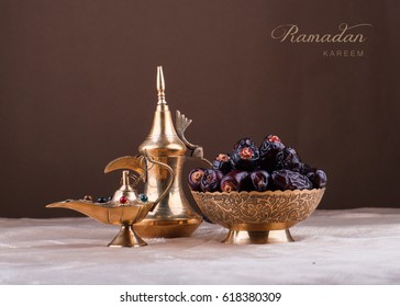 Ramadan Kareem With Premium Dates And Arabic Coffee Pot