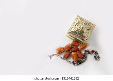 Ramadan Lantern, Dates Fruit, And Rosary Beads Isolated - Top View