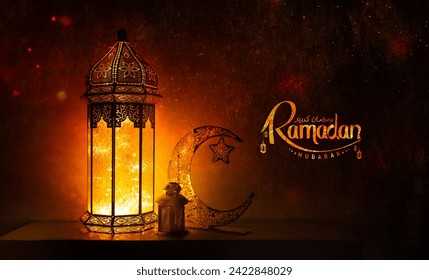 Ramadan Mubarak 2024 new background, Moroccan lantern lamp with crescent moon shape on table, glowing lantern lamp with calligraphy greeting text - Powered by Shutterstock