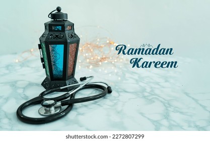 Ramadan Mubarak concept in medical theme  Lantern lamp   stethoscope in white background Doctor   hospital Selective focus 