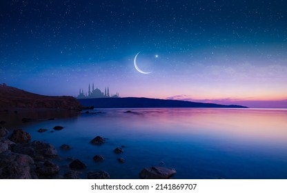 Ramadan religious background with bright crescent, stars and mosque reflected in serene sea. Month of Ramadan is that in which was revealed Quran. Mixed media image. - Shutterstock ID 2141869707