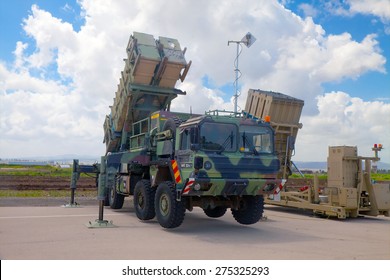RAMAT DAVID, ISRAEL - APRIL 23: Patriot Guided Missile System and Iron Dome launcher at the exhibition for Israeli Independence Day on April 23, 2015