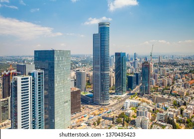 Ramat Gan Skyline At Day Daylight, Israel / New Skyscraper Constraction Site and Cityscape Aerial View,