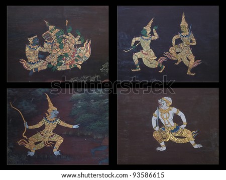 ramayana painting set on the wall of temple in thailand