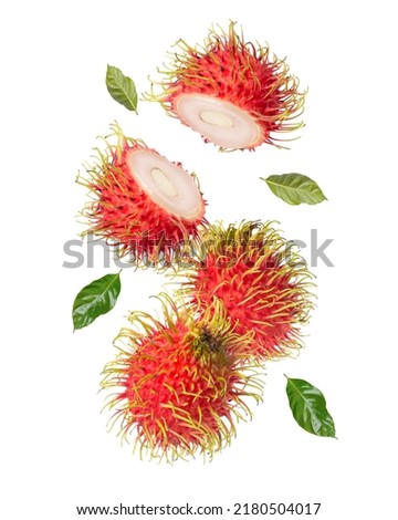 Rambutan fruit flying in the air isolated on white background.