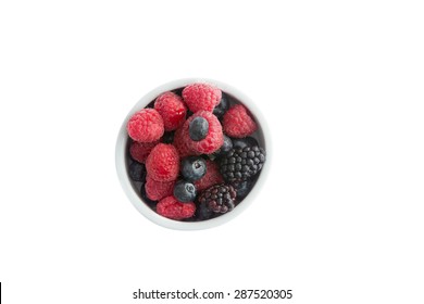 Ramekin Of Fresh Fall Or Autumn Berries With Whole Juicy Ripe Blueberries, Blackberries And Raspberries For A Healthy Breakfast, Snack Or Dessert Or To Be Used As Cooking Ingredients, Overhead View 