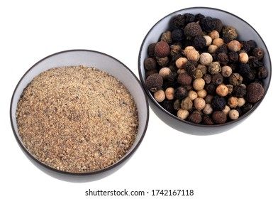 Ramekin Of White Pepper And Ramekin Of Peppercorns Close-up On A White Background