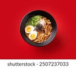 Ramen isolated on red background, food blog