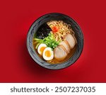 Ramen isolated on red background, food blog