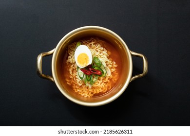 Ramen In A Nickel-silver Pot With Boiled Eggs. Ramen, Which Originated In Japan, Was Transformed Into A Korean Style And Developed Into An Instant Food.