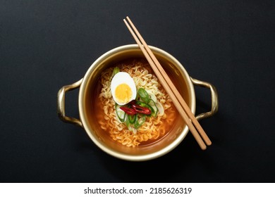 Ramen In A Nickel-silver Pot With Boiled Eggs. Ramen, Which Originated In Japan, Was Transformed Into A Korean Style And Developed Into An Instant Food.