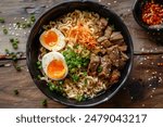 ramen noodles served in a bowl with veggies meat and egg restaurant menu item