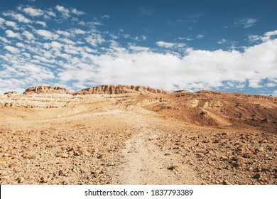 Ramon Crater Landscape. Travel Through The Israel Desert. Sunny Day On Dry Sandy Desert. Great Heat On Hiking Path. High Mountain To Climb.