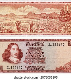 Rams And A Plough In A Field. Portrait From South Africa 1 Rand 1973-75 Banknotes.