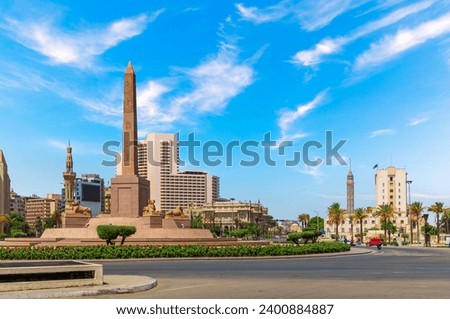 Ramses II Obelisk, Tahrir square, Tv tower and other buildings of Cairo, Egypt.