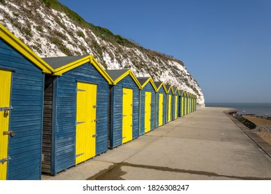 Ramsgate / UK - 21 September 2020: Dumpton Gap bay with colourful wooden beach huts between Broadstairs and Ramsgate in Thanet, Kent