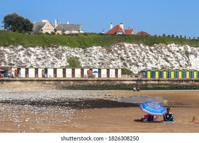 Ramsgate / UK - 21 September 2020: Dumpton Gap bay with colourful wooden beach huts between Broadstairs and Ramsgate in Thanet, Kent