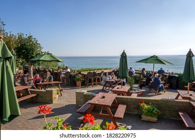 Ramsgate / UK - 21 September 2020: Outdoor Beer Garden Terrace At Belle Vue Tavern Pub In Pegwell Village With Ocean Views