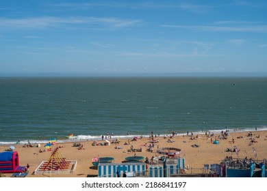 Ramsgate, UK - Aug 3 2022 Tourists and locals enjoy Ramsgate main sands during period of warm dry summer weather in the South East of England.