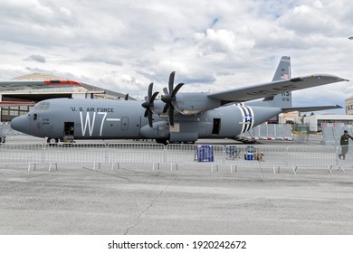 Ramstein based US Air Force C-130J-30 Hercules cargo plane from 37th Airlift Squadron on display at the Paris Air Show. France - June 20, 2019
