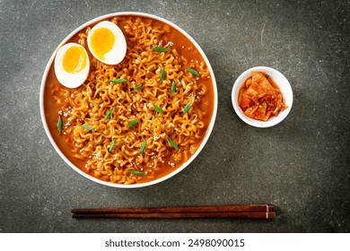 Ramyeon or Korean instant noodles with egg - Korean food style