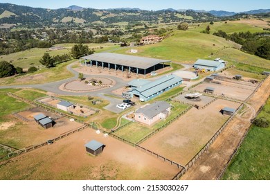 Ranch Area including 10,000 sq ft Horse Arena, Fields, and Several Homes on a 75 Acre, Sonoma Wine Country Estate, Horse Property, Drone Shot