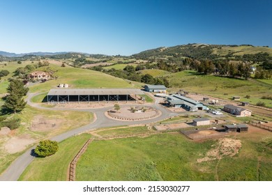 Ranch Area including 10,000 sq ft Horse Arena and Several Homes on a 75 Acre, Sonoma Wine Country Estate, Horse Property, Drone Shot