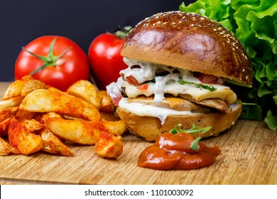 Ranch Sauce Burger, Fries And Veggies