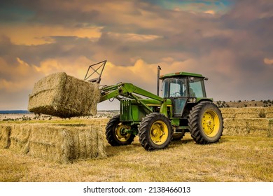 A ranch worker moving bales of hay with a farm tractor on a ranch near Paulina, Oregon