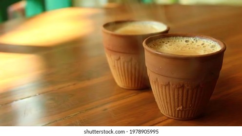 Ranchi, Jharkhand, 15 March,2021- A kulhar or kulhad cup (traditional handle-less clay cup) from India filled with hot Indian tea.