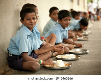 Ranchi, Jharkhand, India - March 22 2021 : Indian School Children Getting Their Mid-day Meal In Their School. 