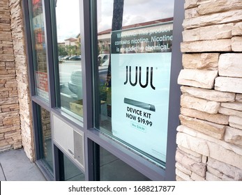 Rancho Cucamonga, California/United States - 03/16/2020: A View Of A Juul Advertisement In A Local Convenient Store Window.