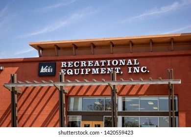 Rancho Cucamonga, California/United States - 05/03/2019: A Store Front Sign For The Outdoors Retail Store Known As REI, Or Recreational Equipment, Inc.