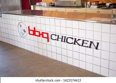 Rancho Cucamonga, California/United States - 05/03/2019: The Logo And Name Of BB.Q Chicken On The Counter Inside The Restaurant