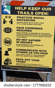 Rancho Palos Verdes, California USA-July 12, 2020: A Sign At A Reopened LA County Nature Preserve Gives Hikers Rules And Guidelines For Keeping The Trails Open As The Coronavirus Pandemic Continues.