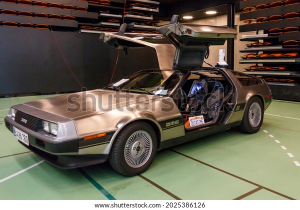Randers, Denmark - 15 August 2021: A day in the\
galaxy, Large event in Randers Arena. The car from the movie Back\
to the future.