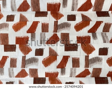 Random abstract modern geometrical pattern in red, brick, brown, and dark brown color. Printed on a white background. Simple geometrical contemporary seamless background texture.
